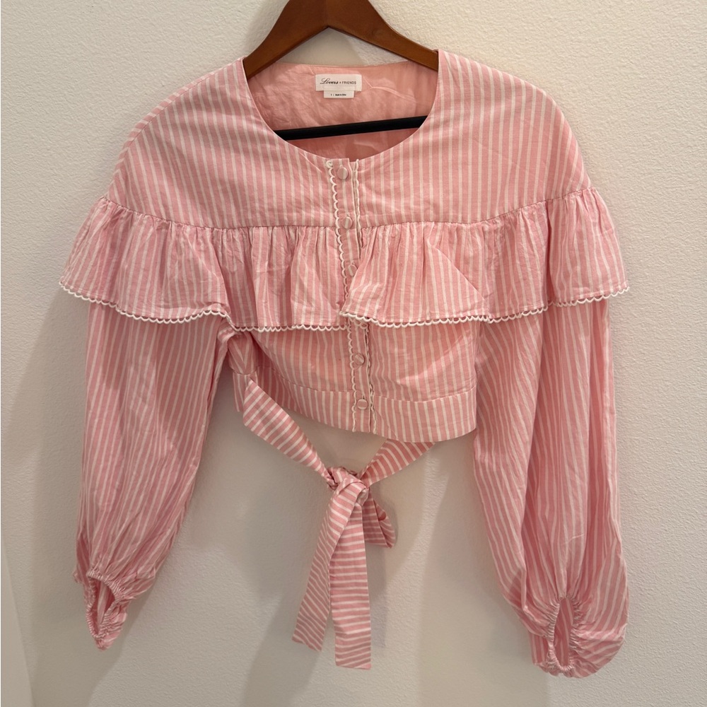 Pink Striped Ruffle Tie-Front Blouse